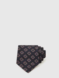 Reiss Navy Omero Silk-Wool Floral-Medallion Tie