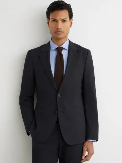 Reiss Navy Promise Wool-Blend Single-Breasted Suit Blazer Tailored-Fit