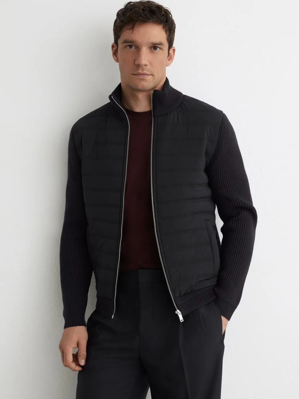 Reiss Navy Townsend Quilted Rib-Knit Funnel-Neck Jacket