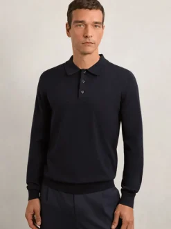 Reiss Navy Trafford Merino Wool Long-Sleeve Polo Shirt