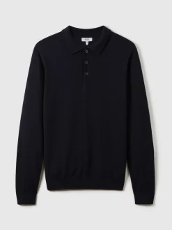 Reiss Navy Trafford Merino Wool Long-Sleeve Polo Shirt