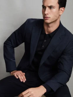 Reiss Navy Trafford Merino Wool Long-Sleeve Polo Shirt