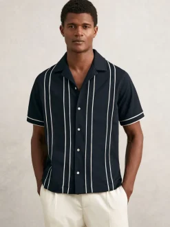 Reiss Navy/White Sander Piped-Stripe Cuban-Collar Shirt