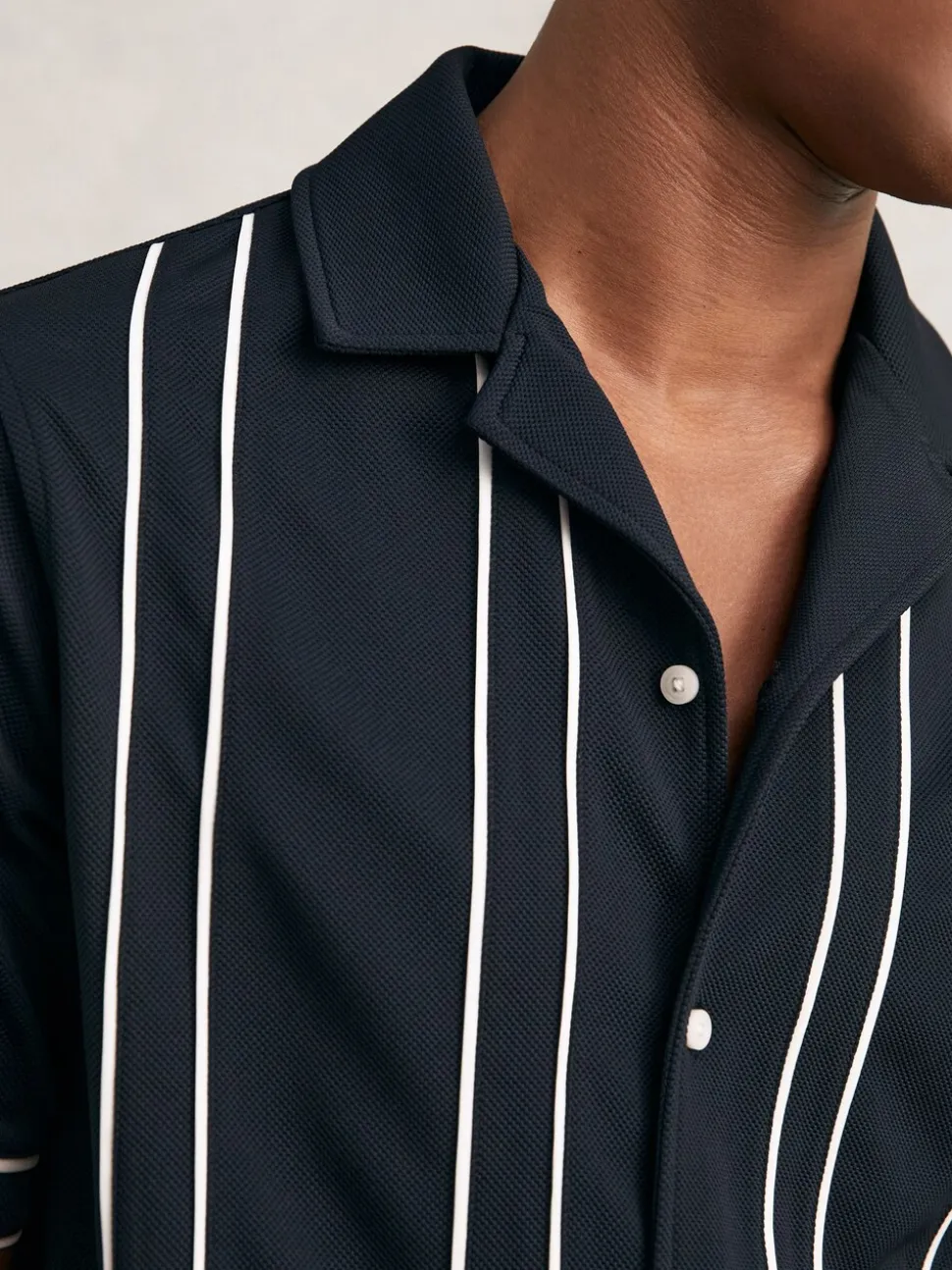 Reiss Navy/White Sander Piped-Stripe Cuban-Collar Shirt