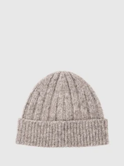 Reiss Oatmeal Melange Edgeley Wool-Blend Chunky Rib-Knit Beanie