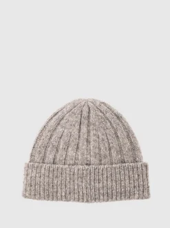 Reiss Oatmeal Melange Edgeley Wool-Blend Chunky Rib-Knit Beanie