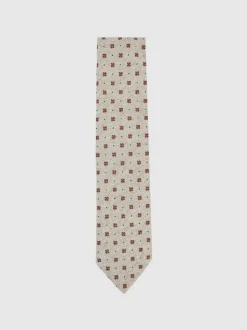 Reiss Oatmeal Melange Tullio Wool-Silk Floral-Medallion Tie