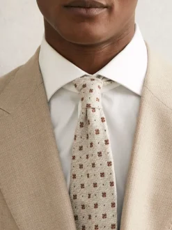 Reiss Oatmeal Melange Tullio Wool-Silk Floral-Medallion Tie