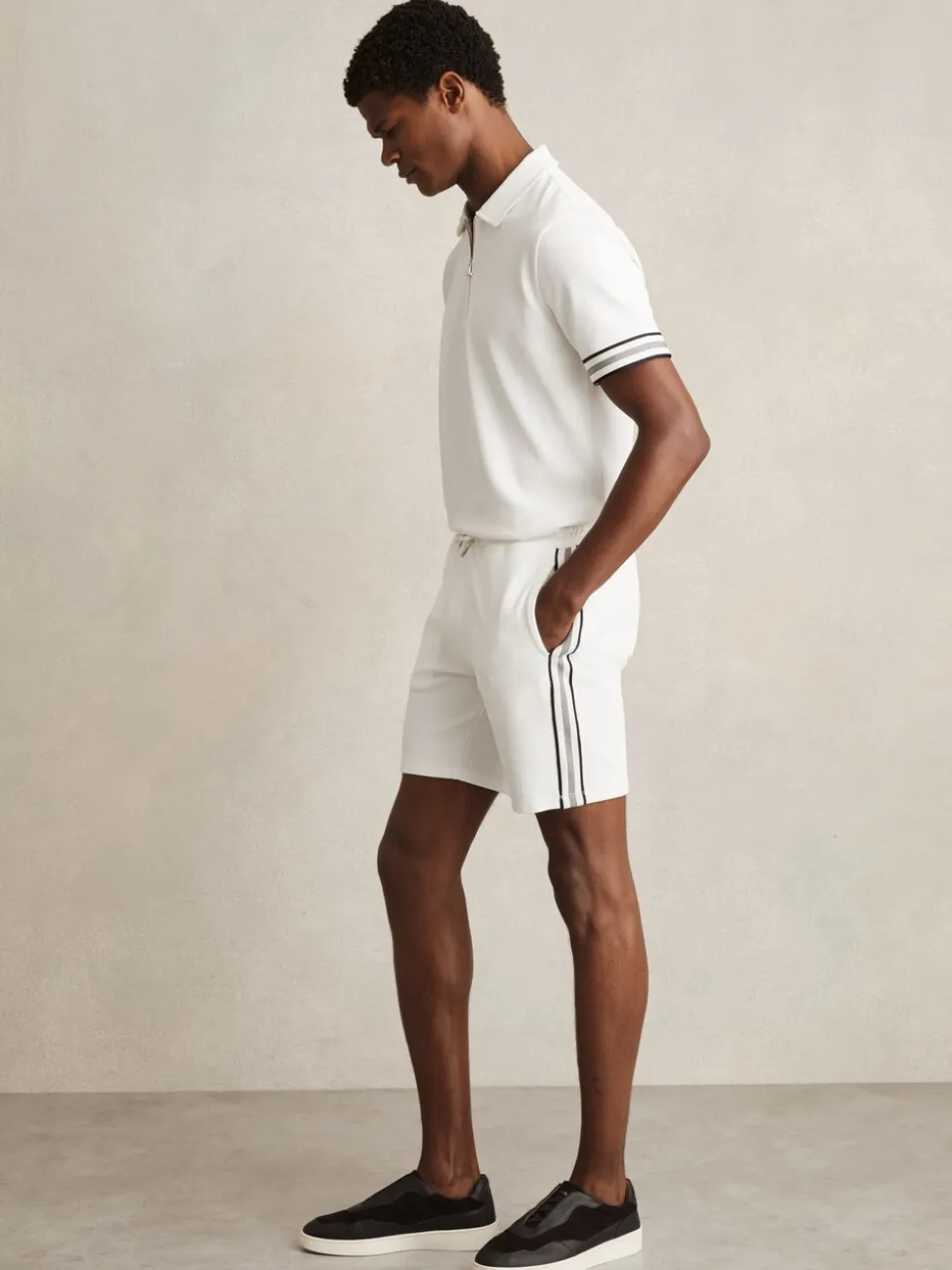 Reiss Off White Phoenix Textured Tape Drawstring Shorts