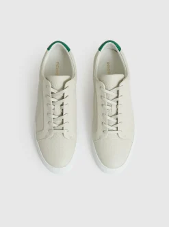 Reiss Off White/Green Luca Tumbled Tumbled Leather Trainers