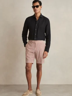 Reiss Off White/Mocha Roas Cotton Blend Seersucker Stripe Shorts