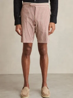 Reiss Off White/Mocha Roas Cotton Blend Seersucker Stripe Shorts