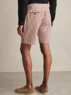 Reiss Off White/Mocha Roas Cotton Blend Seersucker Stripe Shorts