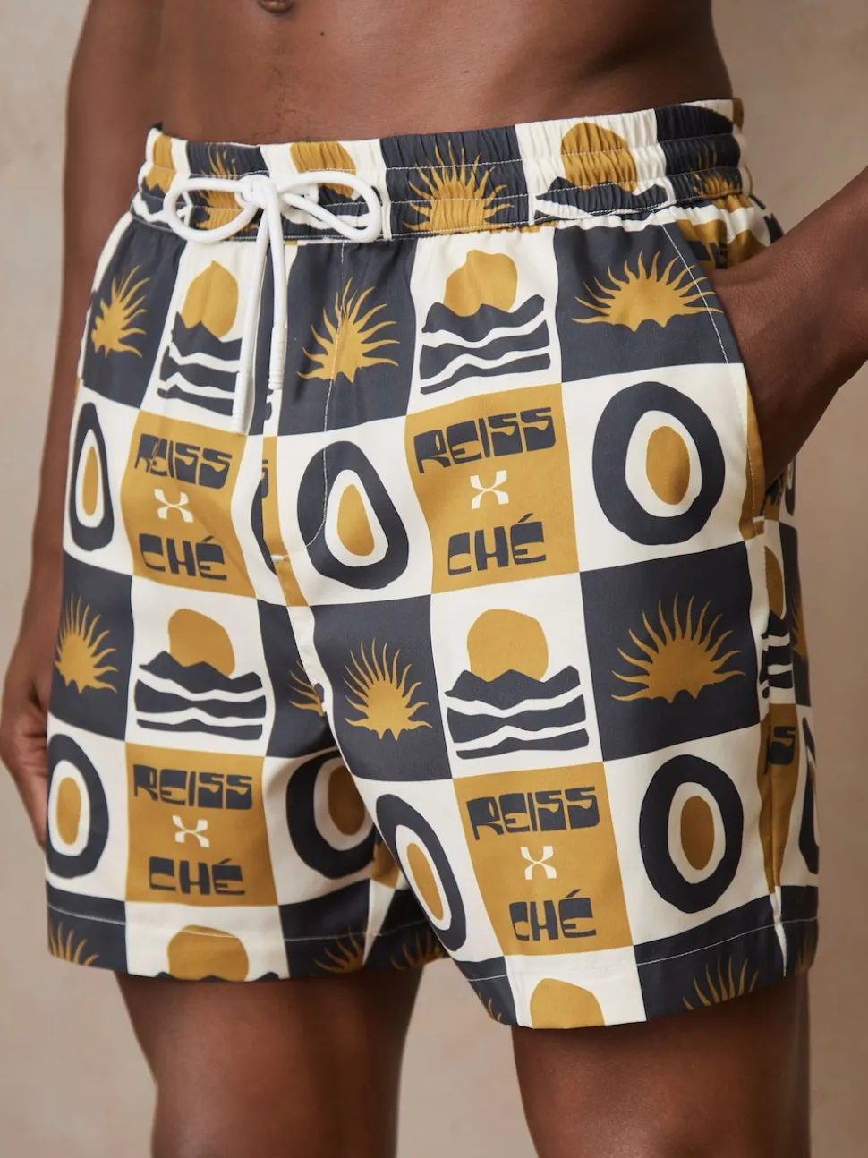 Reiss Olive Green Trinity Reiss | Ché Sunset-Print Swim Shorts