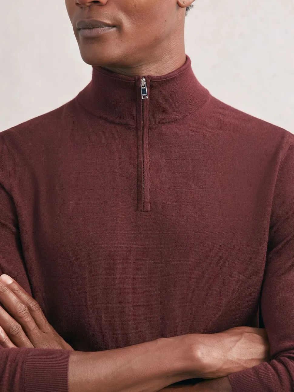 Reiss Port Red Blackhall Merino Wool Half-Zip Funnel Neck Jumper