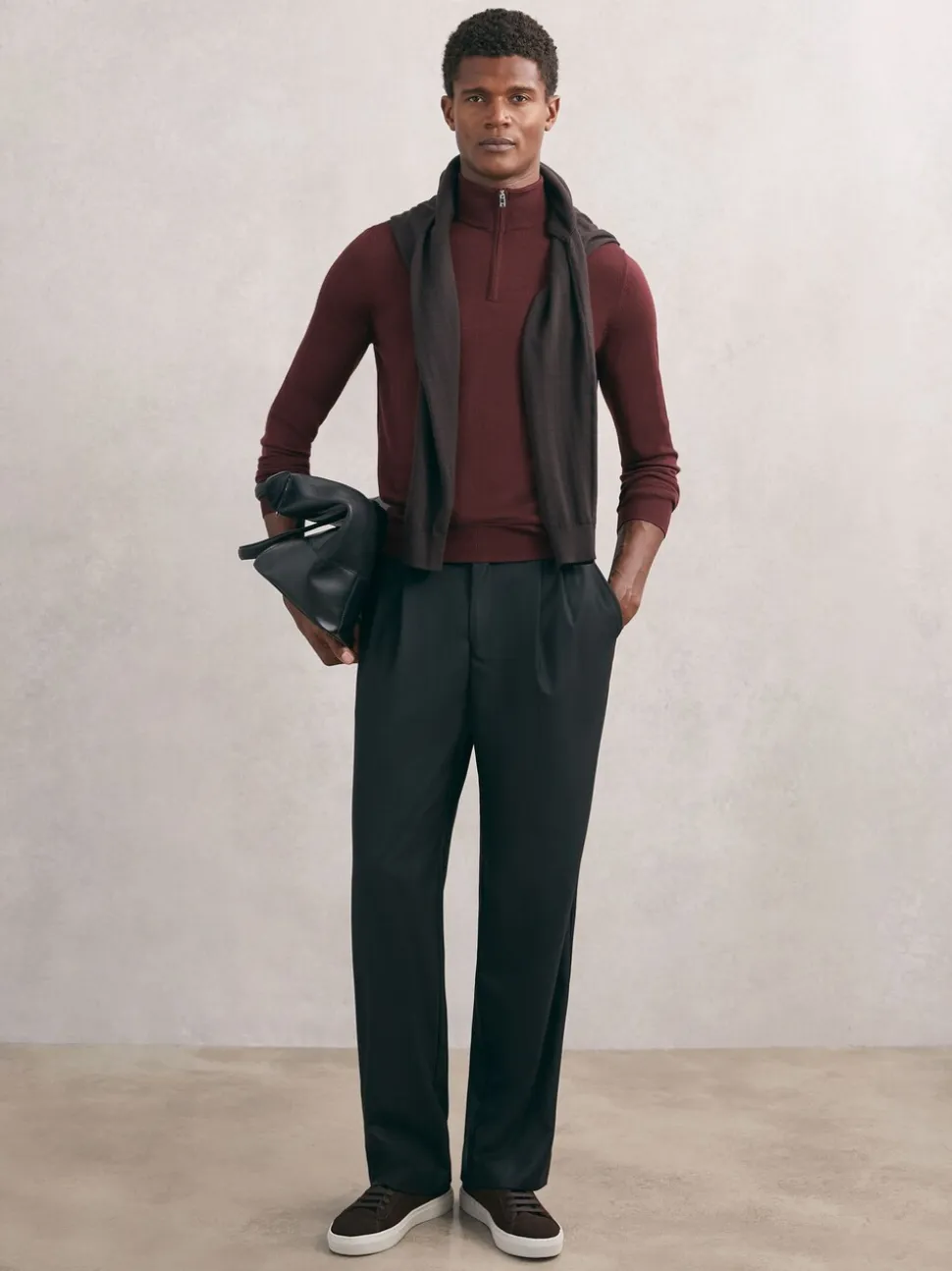 Reiss Port Red Blackhall Merino Wool Half-Zip Funnel Neck Jumper