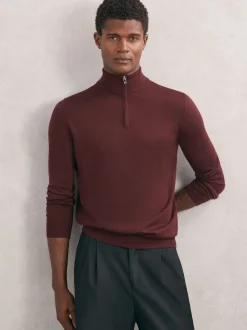 Reiss Port Red Blackhall Merino Wool Half-Zip Funnel Neck Jumper