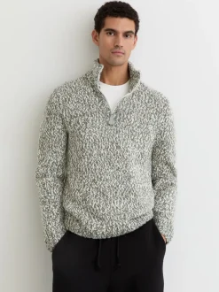 Reiss Sage Green Melange Seb Marled Half-Zip Knitted Jumper with Wool