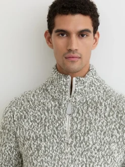 Reiss Sage Green Melange Seb Marled Half-Zip Knitted Jumper with Wool