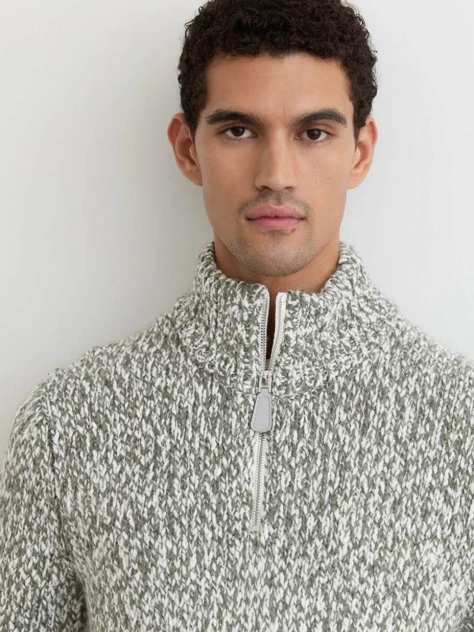 Reiss Sage Green Melange Seb Marled Half-Zip Knitted Jumper with Wool