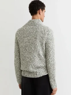 Reiss Sage Green Melange Seb Marled Half-Zip Knitted Jumper with Wool