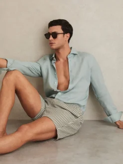 Reiss Sage/White Bay Seersucker Stripe Swim Shorts