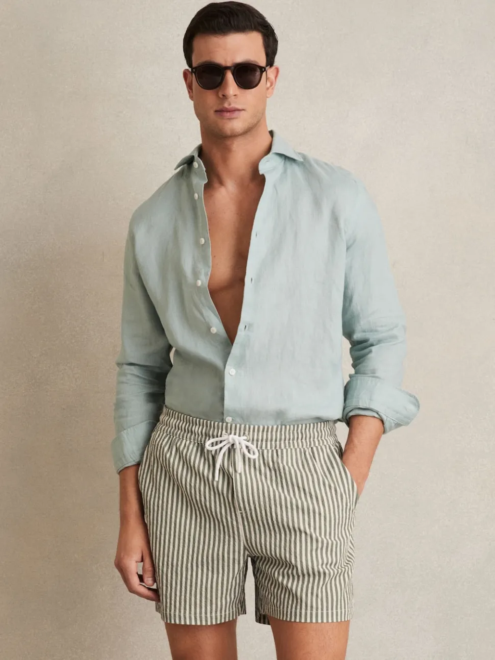 Reiss Sage/White Bay Seersucker Stripe Swim Shorts