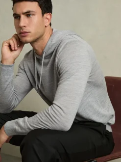 Reiss Soft Grey Mouline Holland Merino Wool Drawstring Hoodie