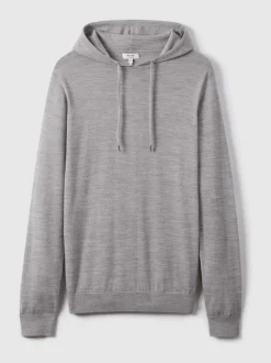 Reiss Soft Grey Mouline Holland Merino Wool Drawstring Hoodie