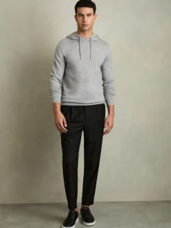 Reiss Soft Grey Mouline Holland Merino Wool Drawstring Hoodie