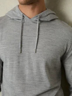 Reiss Soft Grey Mouline Holland Merino Wool Drawstring Hoodie
