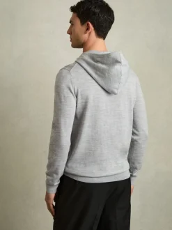 Reiss Soft Grey Mouline Holland Merino Wool Drawstring Hoodie