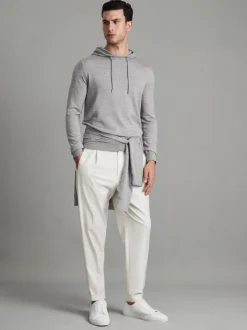 Reiss Soft Grey Mouline Holland Merino Wool Drawstring Hoodie