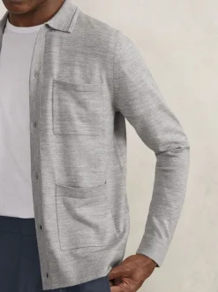 Reiss Soft Grey Mouline Munich Merino Wool Button-Through Shirt