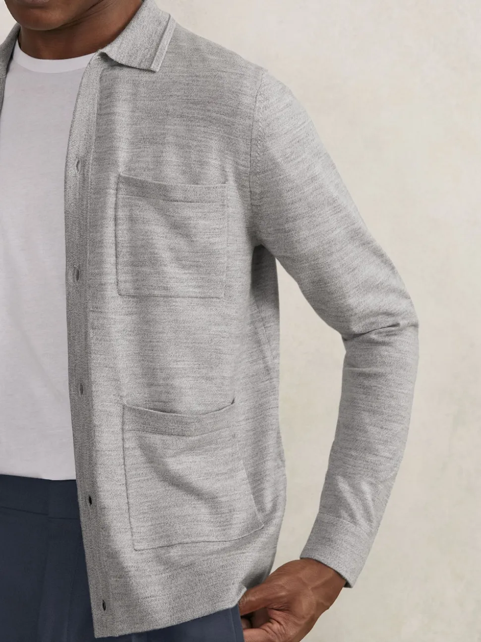 Reiss Soft Grey Mouline Munich Merino Wool Button-Through Shirt