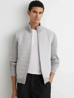 Reiss Soft Grey Townsend Quilted Rib-Knit Funnel-Neck Jacket