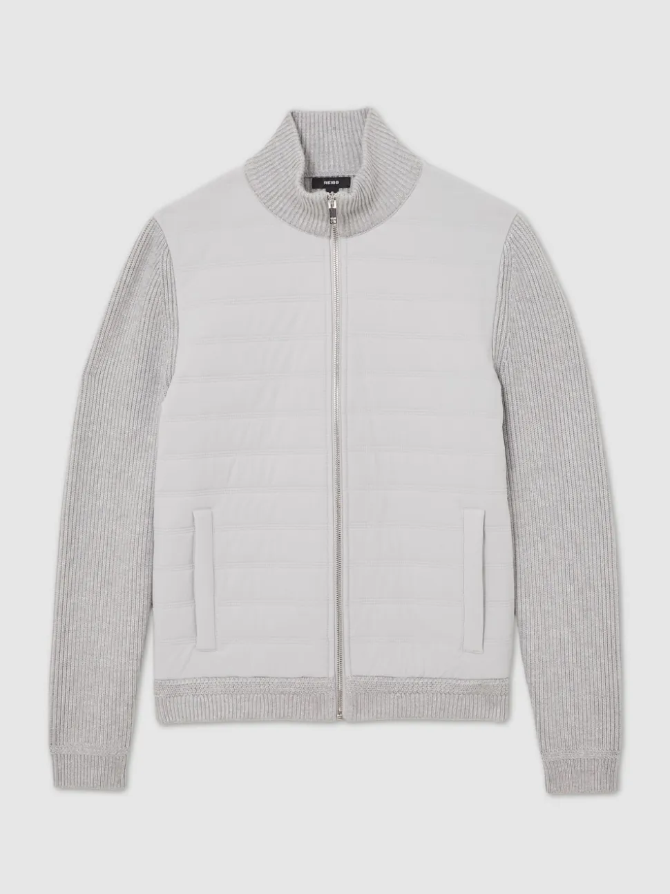 Reiss Soft Grey Townsend Quilted Rib-Knit Funnel-Neck Jacket