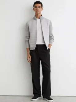 Reiss Soft Grey Townsend Quilted Rib-Knit Funnel-Neck Jacket