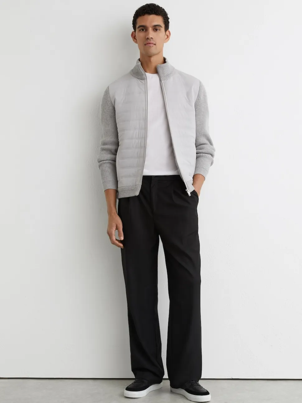 Reiss Soft Grey Townsend Quilted Rib-Knit Funnel-Neck Jacket