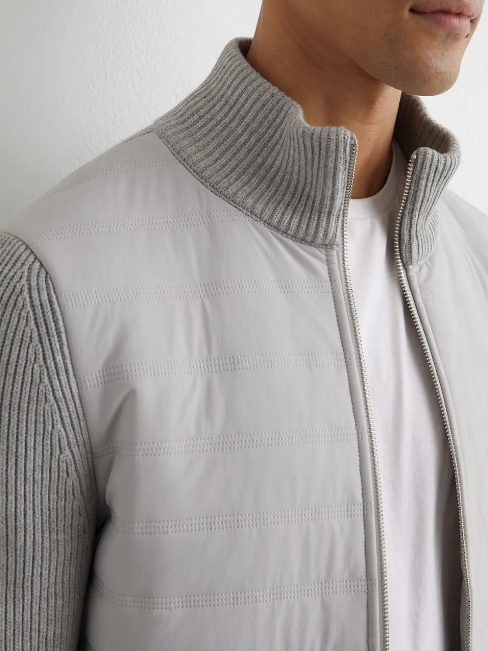 Reiss Soft Grey Townsend Quilted Rib-Knit Funnel-Neck Jacket