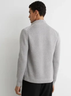 Reiss Soft Grey Townsend Quilted Rib-Knit Funnel-Neck Jacket