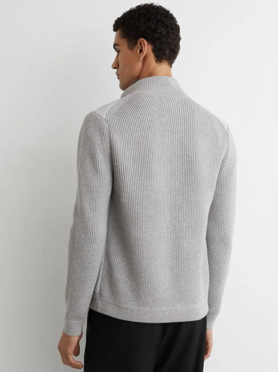 Reiss Soft Grey Townsend Quilted Rib-Knit Funnel-Neck Jacket