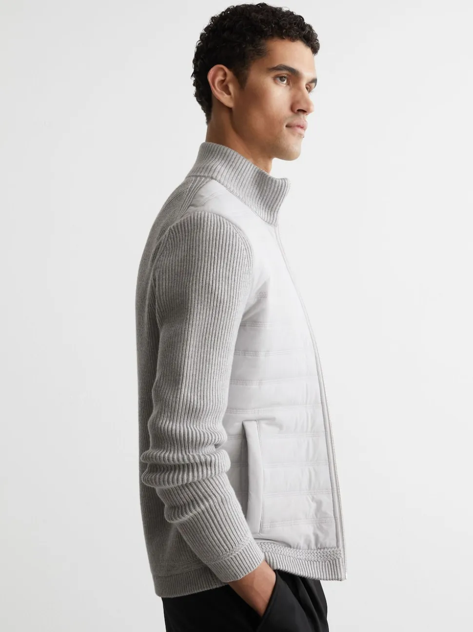 Reiss Soft Grey Townsend Quilted Rib-Knit Funnel-Neck Jacket