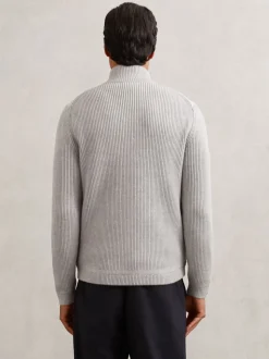 Reiss Soft Grey Townsend Quilted Rib-Knit Funnel-Neck Jacket
