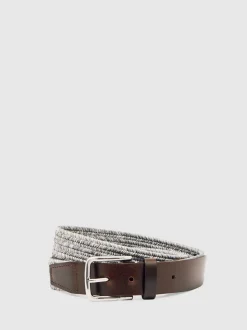 Reiss Soft Grey Welling Webbing Belt With Leather Trim