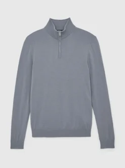 Reiss Steel Blue Blackhall Merino Wool Half-Zip Funnel Neck Jumper