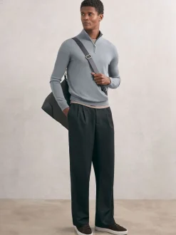 Reiss Steel Blue Blackhall Merino Wool Half-Zip Funnel Neck Jumper