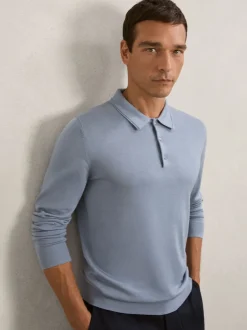 Reiss Steel Blue Trafford Merino Wool Long-Sleeve Polo Shirt