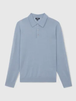 Reiss Steel Blue Trafford Merino Wool Long-Sleeve Polo Shirt