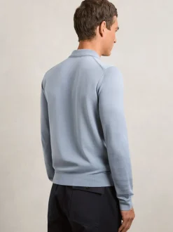Reiss Steel Blue Trafford Merino Wool Long-Sleeve Polo Shirt